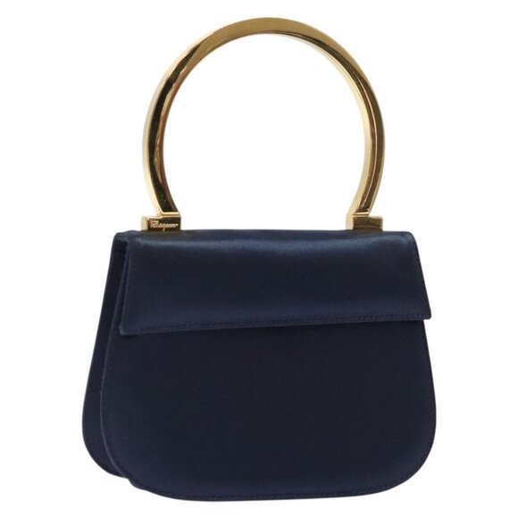 Salvatore Ferragamo Gancini Hand Bag Satin Navy Gold Auth 134768 - Picture 1 of 16